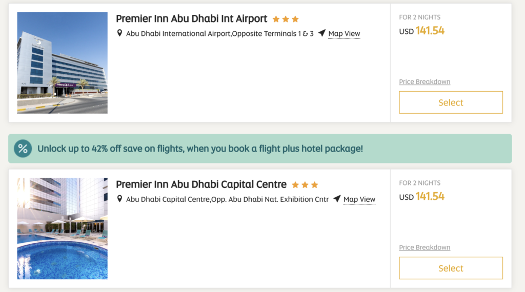 Etihad free stay over booking page